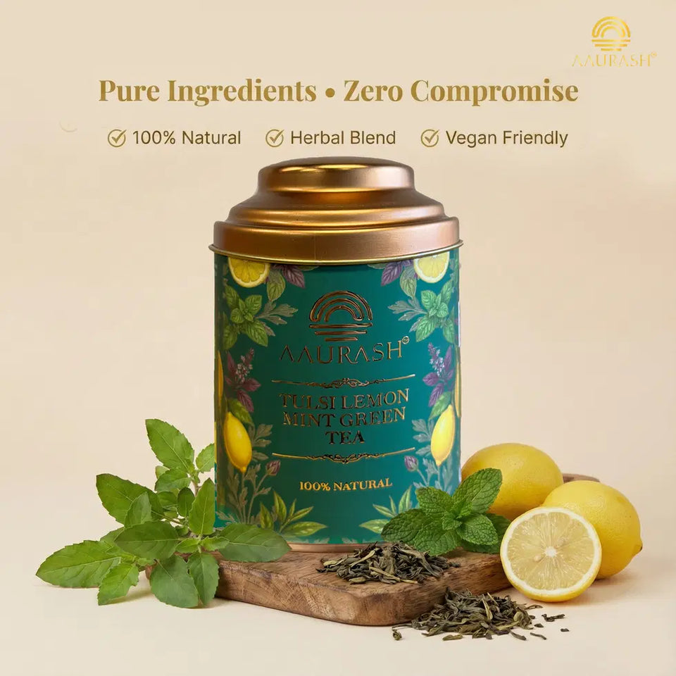 Aarush Tulsi Lemon Mint Green Tea | Lemon Mint Flavor | Refreshing Blend | Loose Tea Tulsi Herbal Tea Tin (60 g)