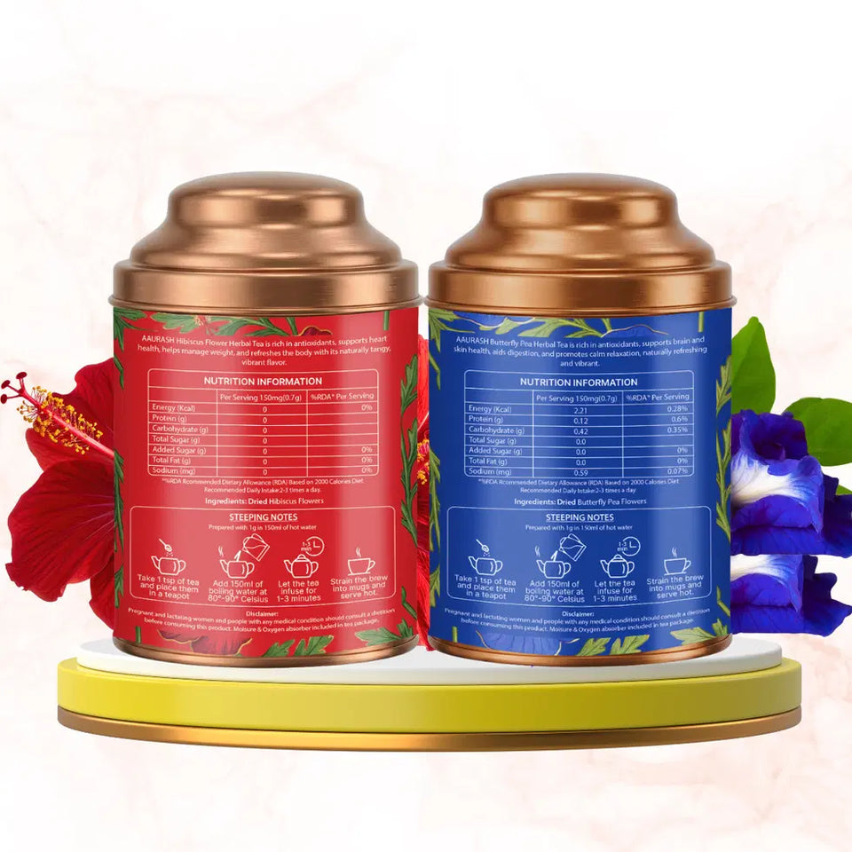 Aarush Hibiscus Tea & Blue Tea Combo | Natural Flower Tea | Supports Relaxation, Skin Glow & Detox | Caffeine-Free Herbal Tea | Rich in Antioxidants