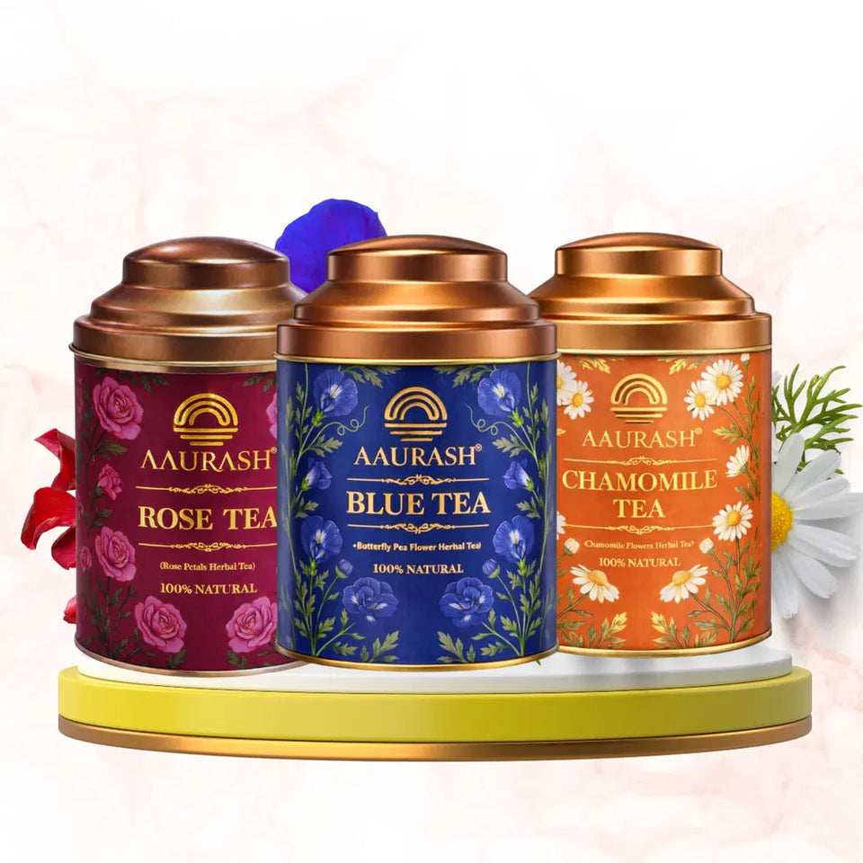 Aarush Chamomile Tea, Blue Tea & Rose Tea Combo | 100% Natural Flower Tea | Caffeine-Free Herbal Tea | Supports Relaxation, Better Sleep & Skin Health | Rich in Antioxidants