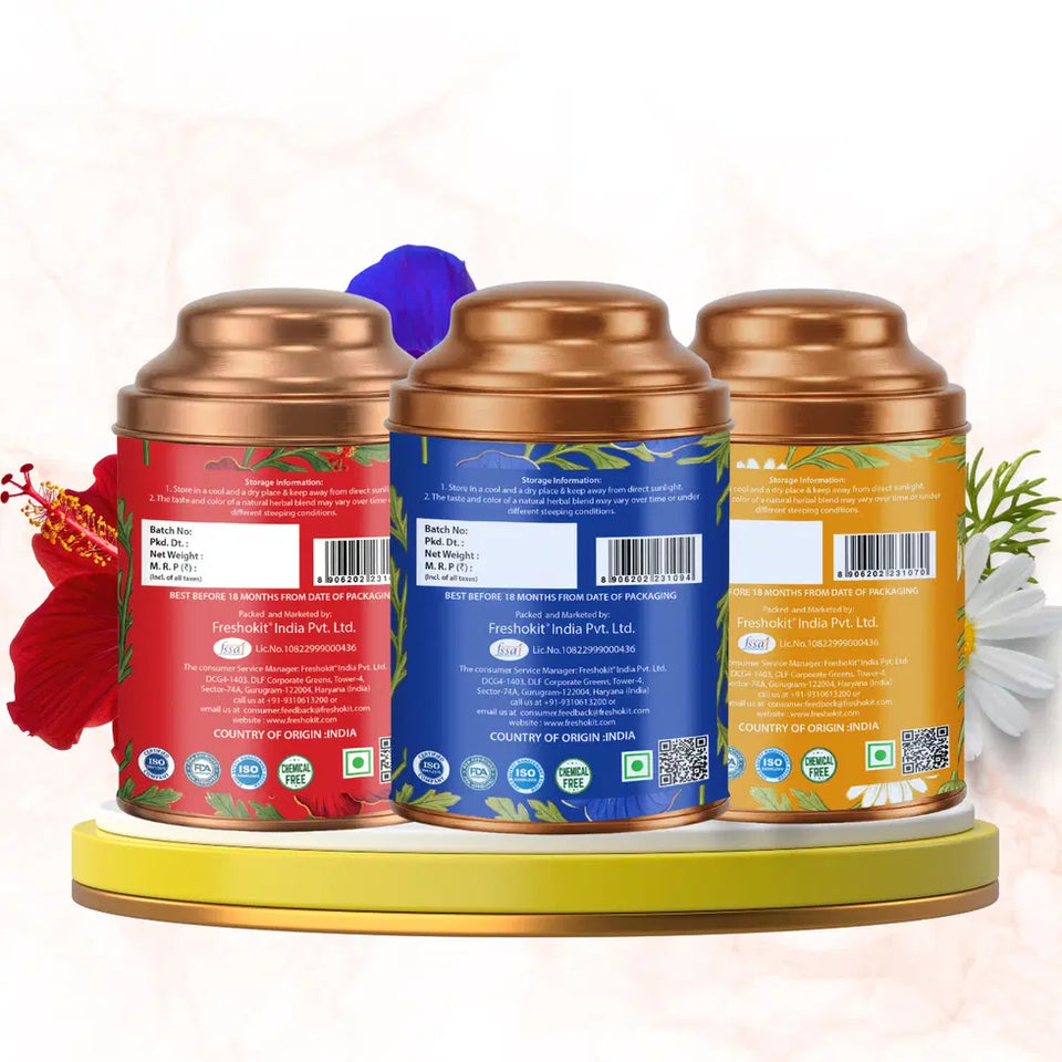 Aarush Chamomile Tea, Blue Tea & Hibiscus Combo | 100% Natural Flower Tea | Caffeine-Free Herbal Wellness Tea | Supports Relaxation, Skin Health & Detox | Rich in An