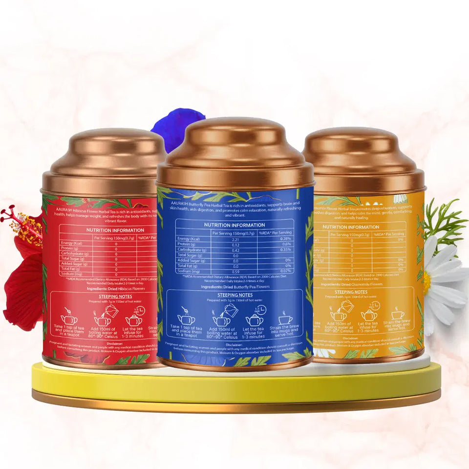 Aarush Chamomile Tea, Blue Tea & Hibiscus Combo | 100% Natural Flower Tea | Caffeine-Free Herbal Wellness Tea | Supports Relaxation, Skin Health & Detox | Rich in An