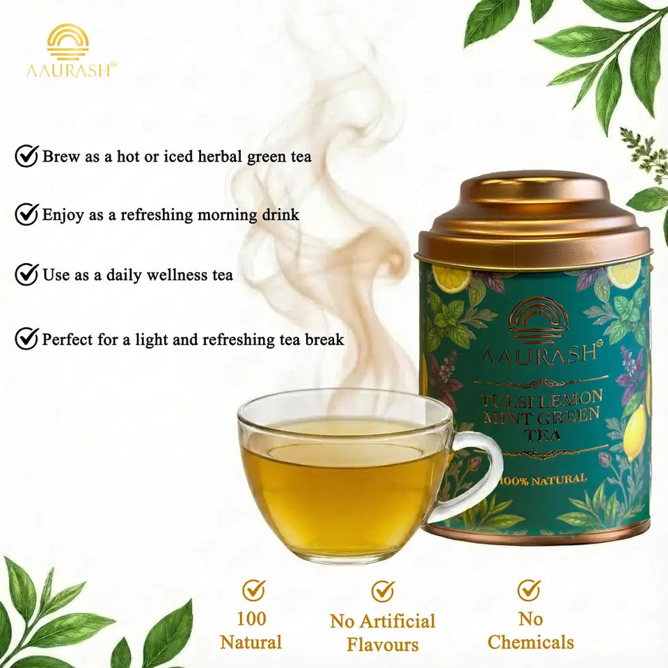 Aarush Tulsi Lemon Mint Green Tea | Lemon Mint Flavor | Refreshing Blend | Loose Tea Tulsi Herbal Tea Tin (60 g)