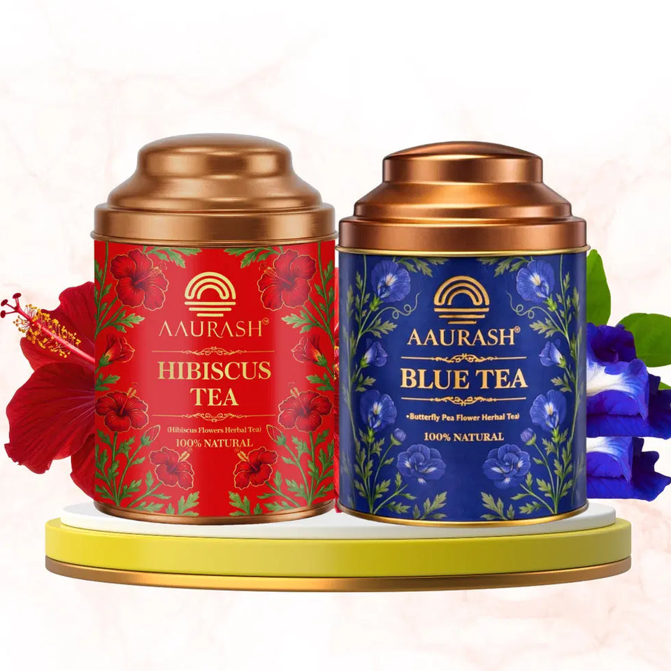 Aarush Hibiscus Tea & Blue Tea Combo | Natural Flower Tea | Supports Relaxation, Skin Glow & Detox | Caffeine-Free Herbal Tea | Rich in Antioxidants
