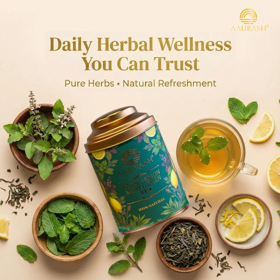 Aarush Tulsi Lemon Mint Green Tea | Lemon Mint Flavor | Refreshing Blend | Loose Tea Tulsi Herbal Tea Tin (60 g)