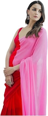 Georgette Colour blocked Saree for Women (Red & Pink, 6.3 m)