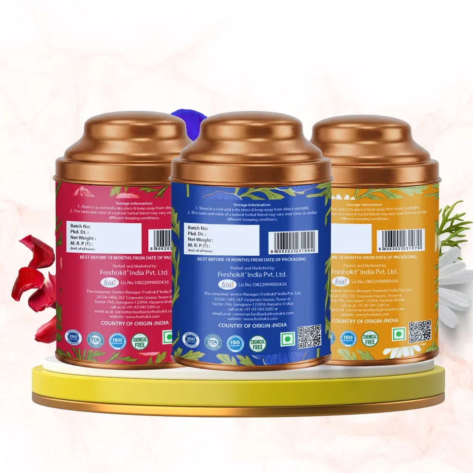 Aarush Chamomile Tea, Blue Tea & Rose Tea Combo | 100% Natural Flower Tea | Caffeine-Free Herbal Tea | Supports Relaxation, Better Sleep & Skin Health | Rich in Antioxidants