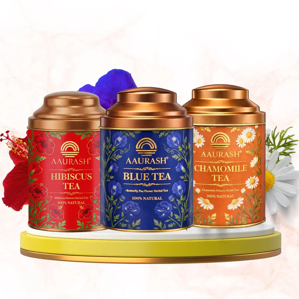 Aarush Chamomile Tea, Blue Tea & Hibiscus Combo | 100% Natural Flower Tea | Caffeine-Free Herbal Wellness Tea | Supports Relaxation, Skin Health & Detox | Rich in An